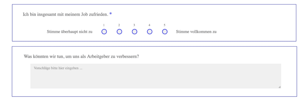 Beispiel offener und geschlossener Fragen aus dem functionHR Fragebogen