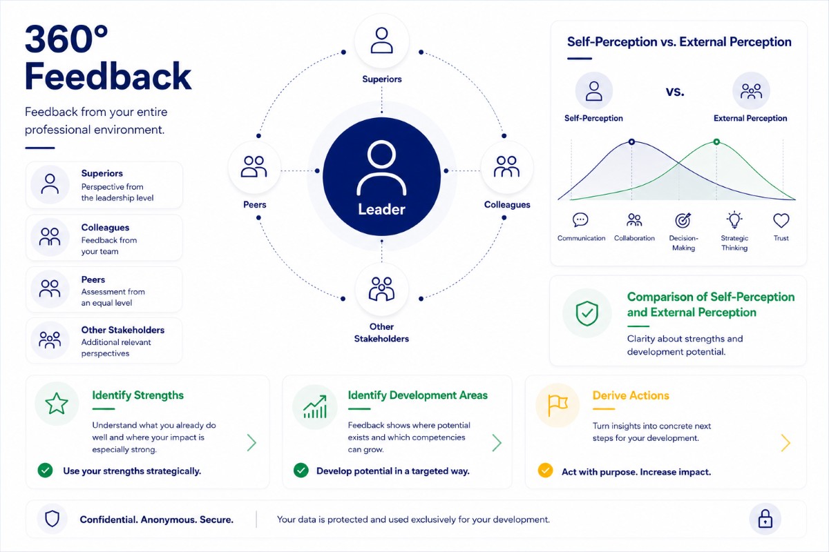 360-degree feedback principle: managers, direct reports, peers, and additional stakeholders, alongside a comparison of self-perception and others' perception